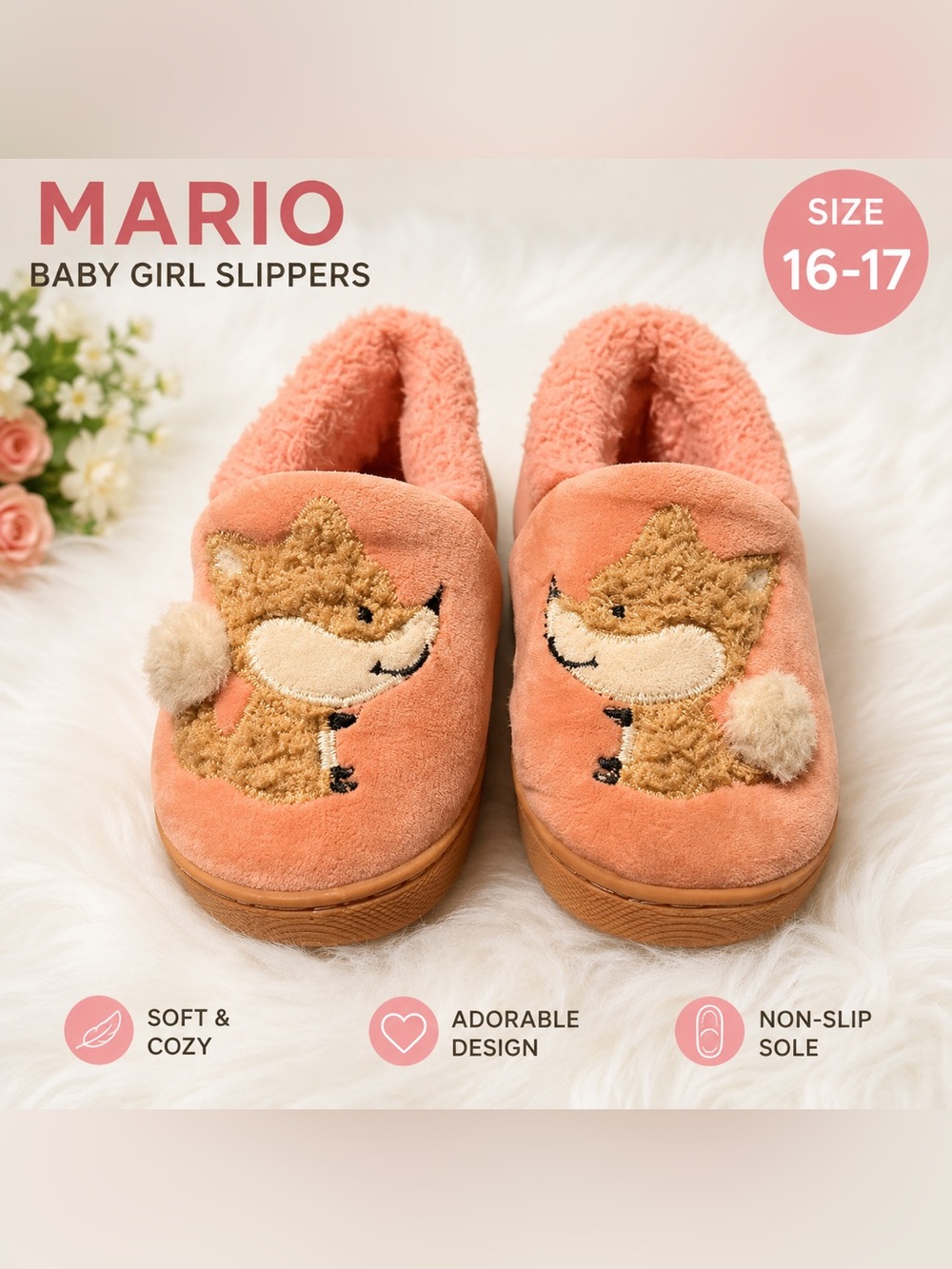 MARIO pink  baby girl slippers /size 16-17